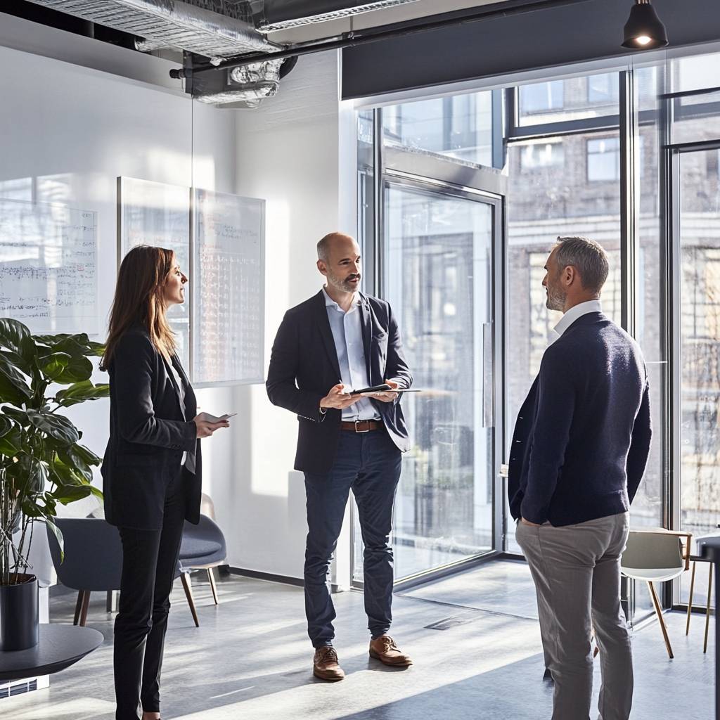 Three professionals engage in conversation in a modern office space, surrounded by large windows and a plant, conveying a collaborative atmosphere.