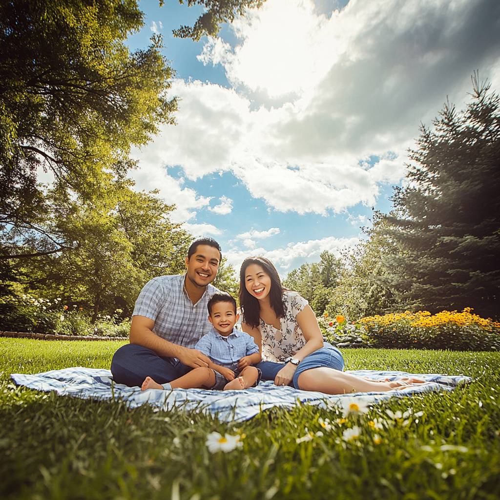 A happy family of three sits on a picnic blanket in a sunny park, surrounded by greenery and colorful flowers, enjoying quality time together.