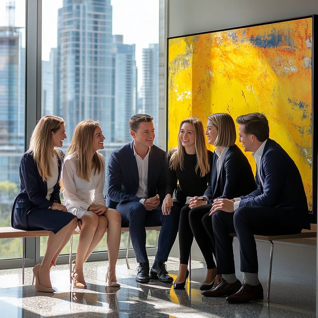 A group of six professionals dressed in business attire seated together, smiling and engaging, with a vibrant abstract painting in the background.