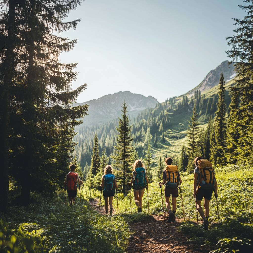 A group of hikers walking along a forested trail, surrounded by lush greenery and mountains under a clear blue sky on a sunny day.