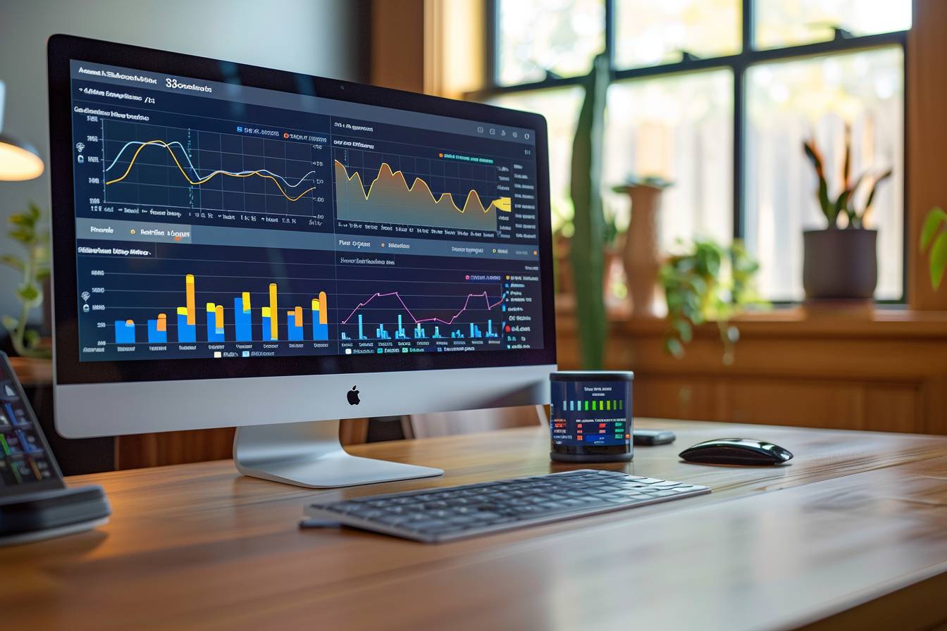 A modern workspace featuring an iMac displaying various data visualizations and charts on its screen, alongside a sleek keyboard and mouse.
