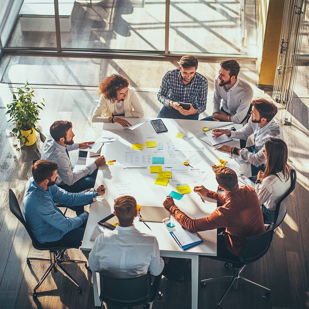 A diverse group of professionals collaborating in a bright office space, reviewing documents and brainstorming ideas on a large table.