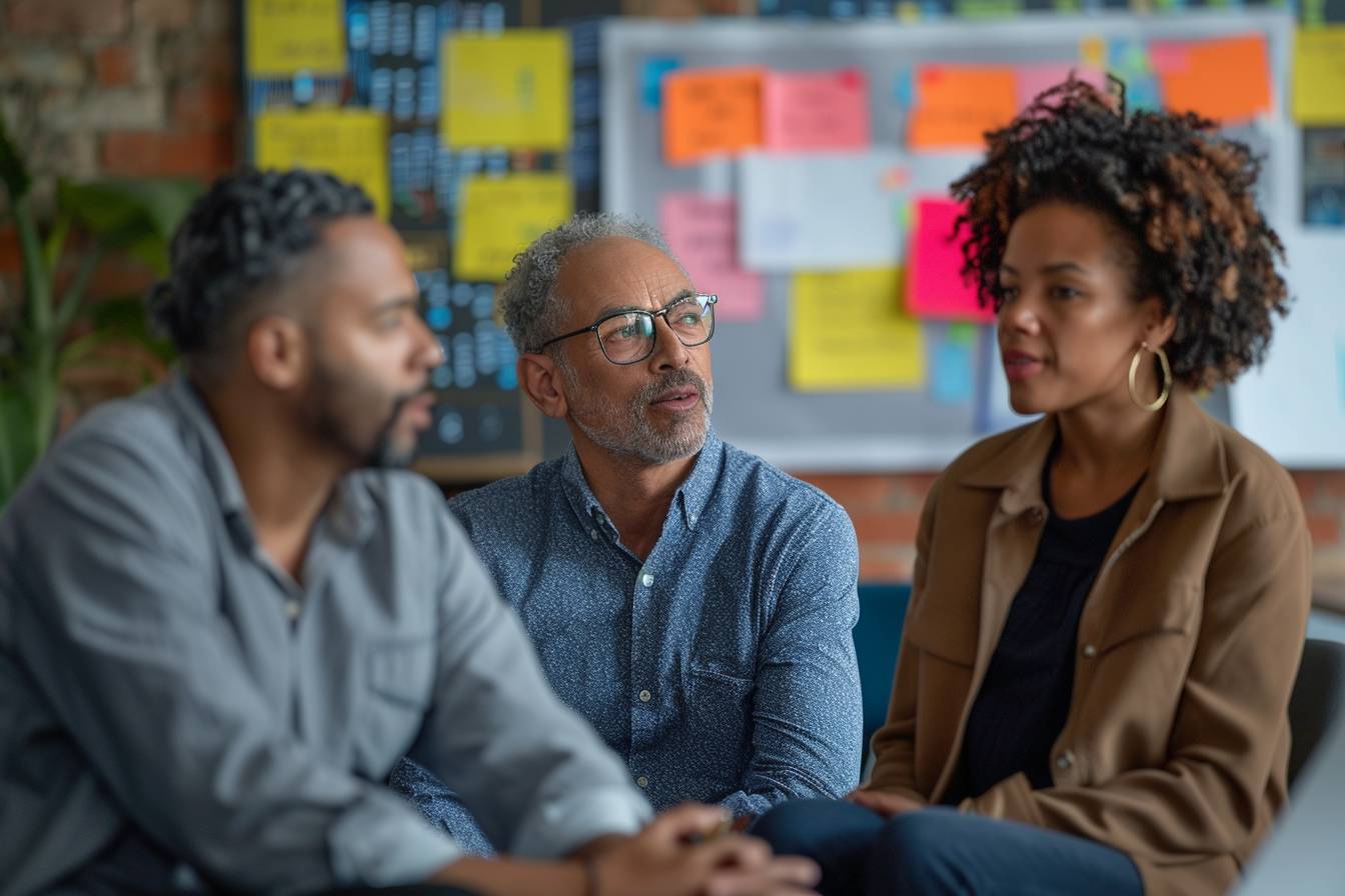 Three individuals engage in a conversation in a modern workspace, surrounded by colorful sticky notes and a collaborative atmosphere.