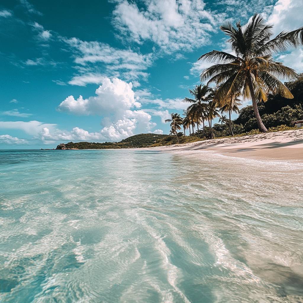 A serene beach scene featuring gentle waves lapping at the shore, with palm trees lining the coast and fluffy clouds in a vibrant blue sky.