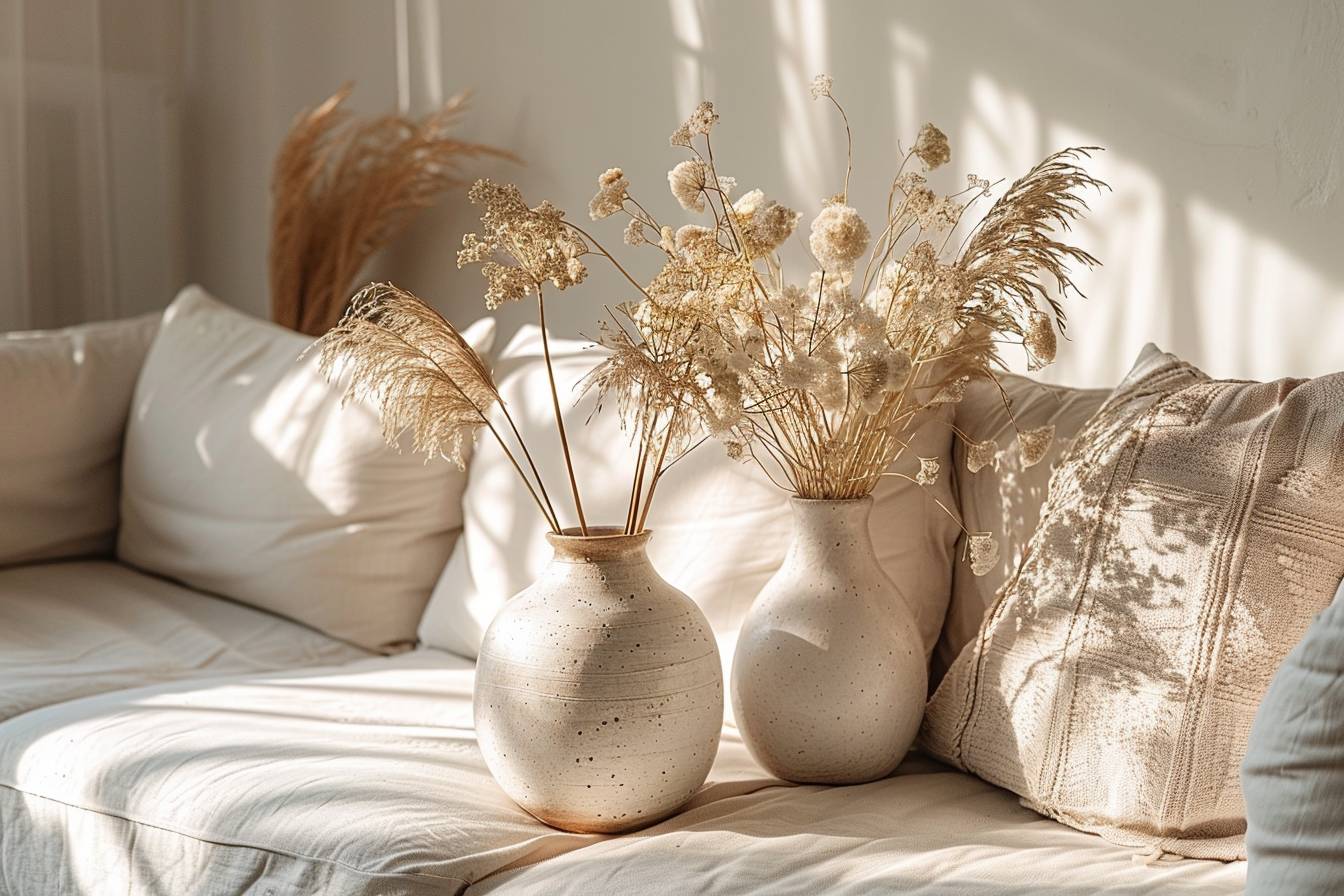 A cozy living space featuring two elegant vase arrangements with dried flowers, set against a soft couch illuminated by warm sunlight.
