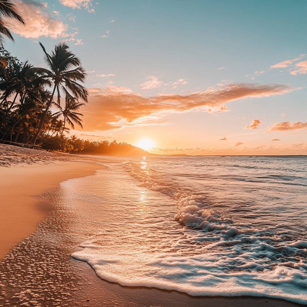 A serene beach at sunset, featuring gentle waves washing ashore, silhouetted palm trees, and vibrant orange and blue skies in the background.