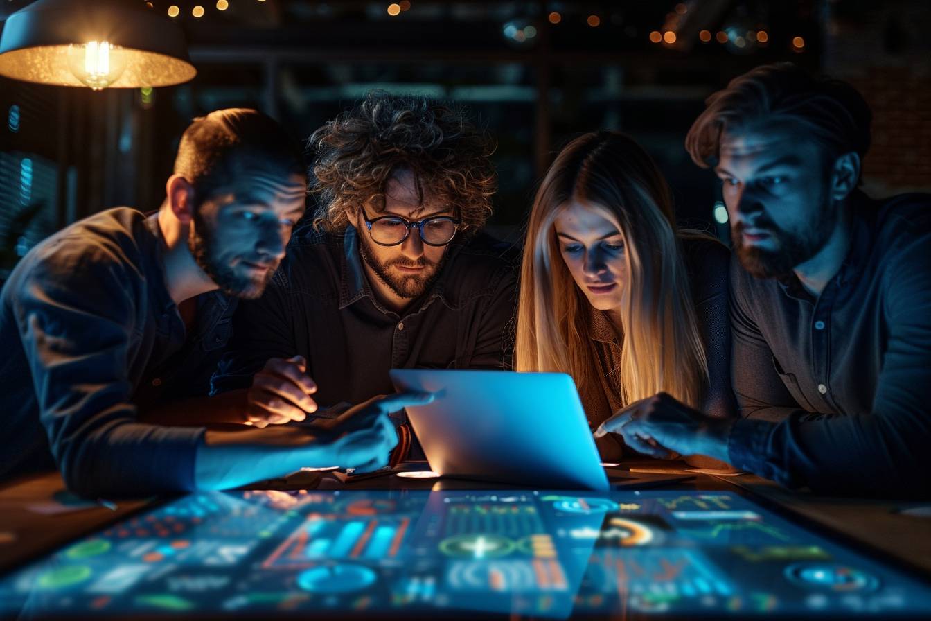 A group of four individuals, collaborating over a laptop in a dimly lit setting, analyzing data displayed on a table with colorful graphics.