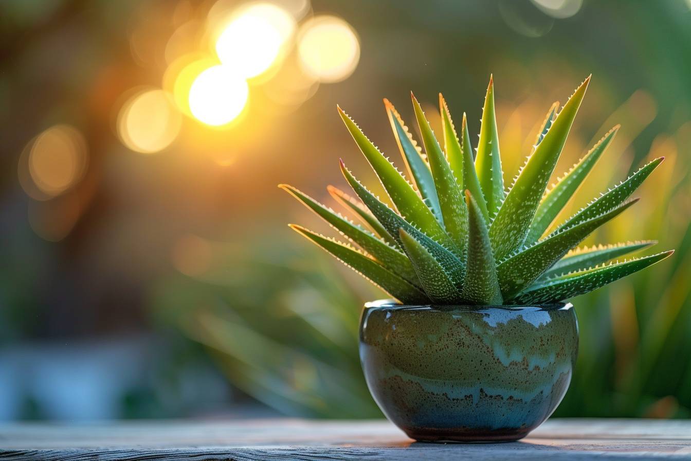 A vibrant succulent plant in a ceramic pot, illuminated by soft sunlight with a blurred background, creating a warm, tranquil atmosphere.