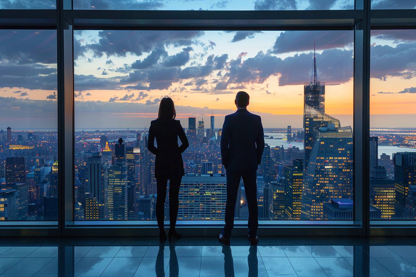 A man and a woman stand side by side, gazing out at a stunning sunset over a city skyline filled with illuminated skyscrapers.