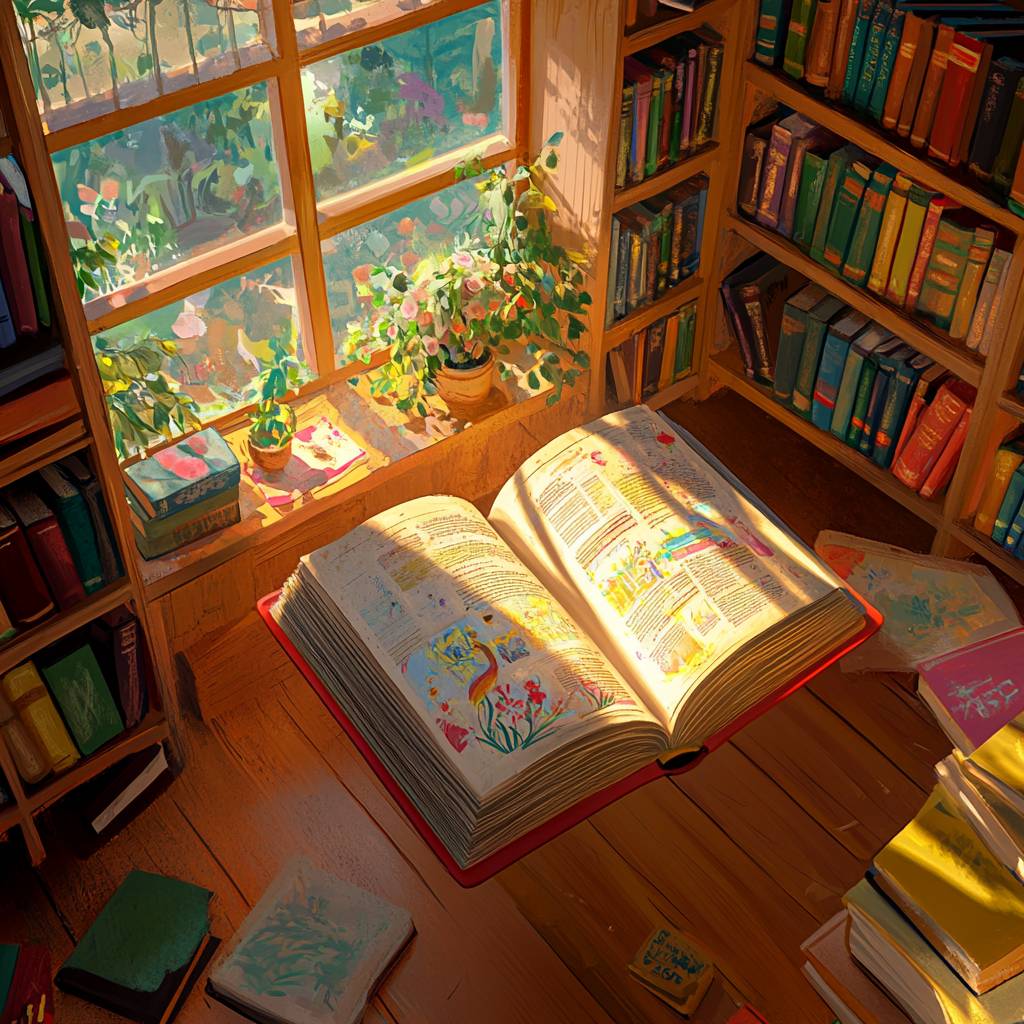 A sunlit room with a large open book on a wooden table, surrounded by colorful bookshelves and a window with a view of greenery and a potted plant.