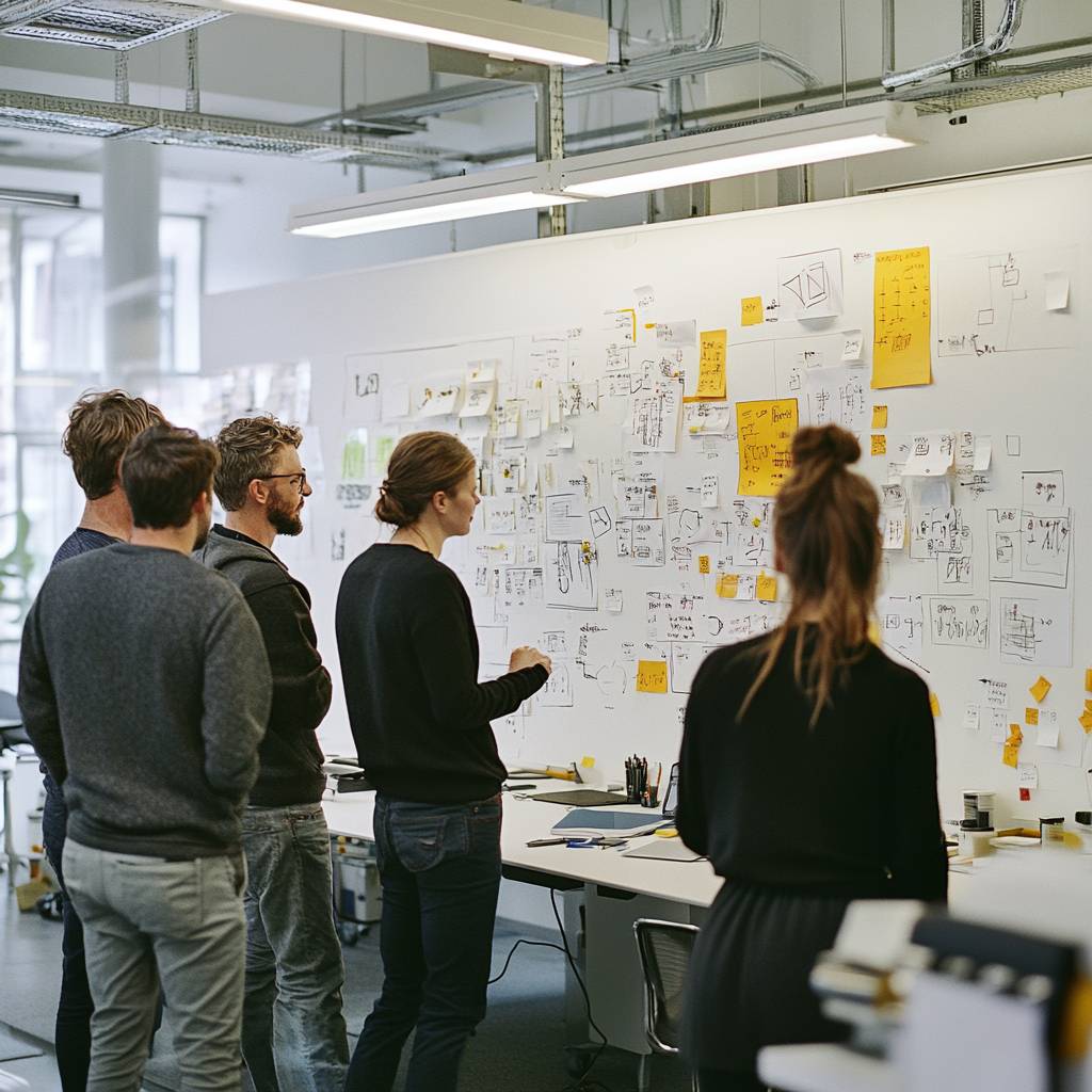 A group of professionals stands by a wall covered in sketches and notes, engaged in a collaborative brainstorming session in a modern workspace.