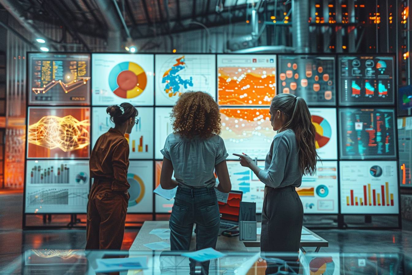 Three professionals analyze data displayed on large screens, surrounded by various colorful graphs and charts, in a modern, tech-inspired workspace.