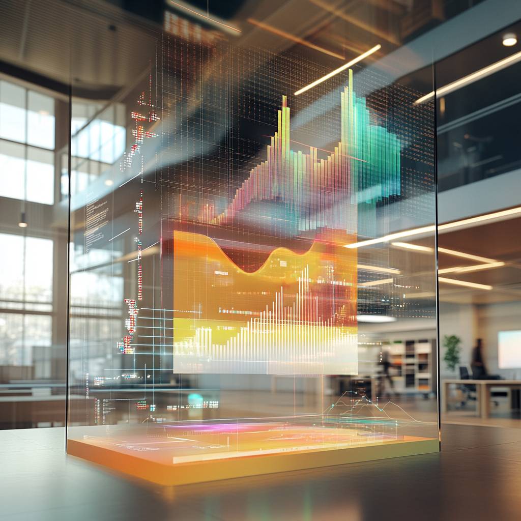 A futuristic office scene featuring a holographic display of colorful data visualizations and graphs, illustrating complex analytics and insights.