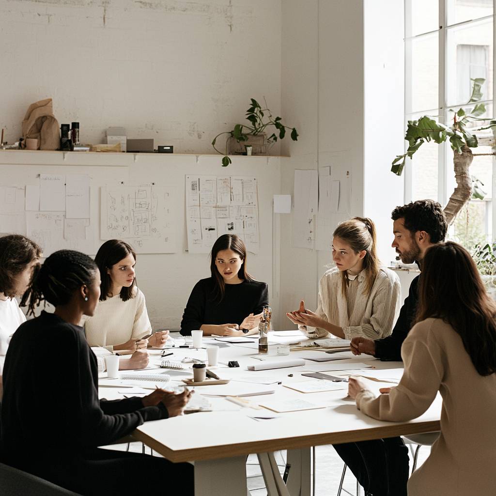 A diverse group of professionals engaged in a collaborative meeting around a table, discussing ideas and reviewing documents in a modern workspace.