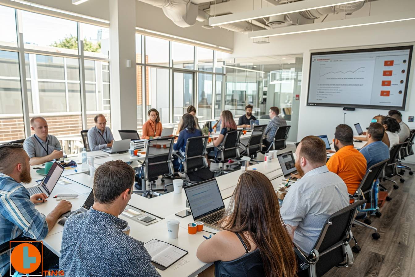 A diverse group of professionals seated around a conference table engaged in a meeting, with laptops, notes, and a presentation on a screen.