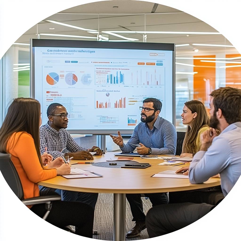 A diverse group of professionals engages in a collaborative meeting, analyzing data displayed on a screen while discussing ideas and strategies.