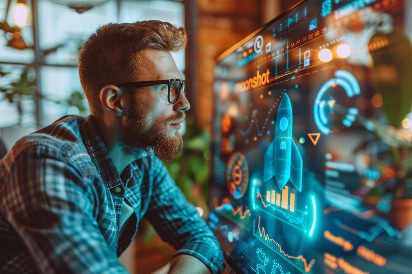 A focused young man with glasses analyzes data on a modern screen displaying a rocket and digital analytics in a cozy workspace.