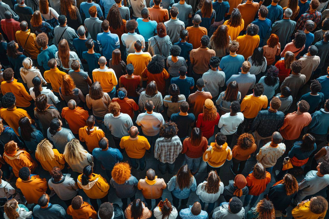 Aerial view of a diverse crowd of people standing together, wearing a variety of colorful clothing, emphasizing community and unity in a public space.