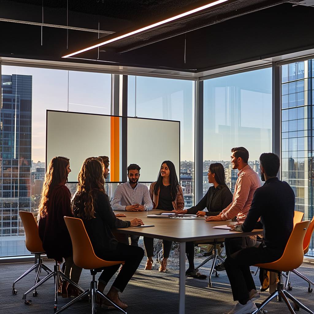 A diverse group of eight professionals engaged in a meeting around a large table with a city view and a presentation screen in a modern office setting.