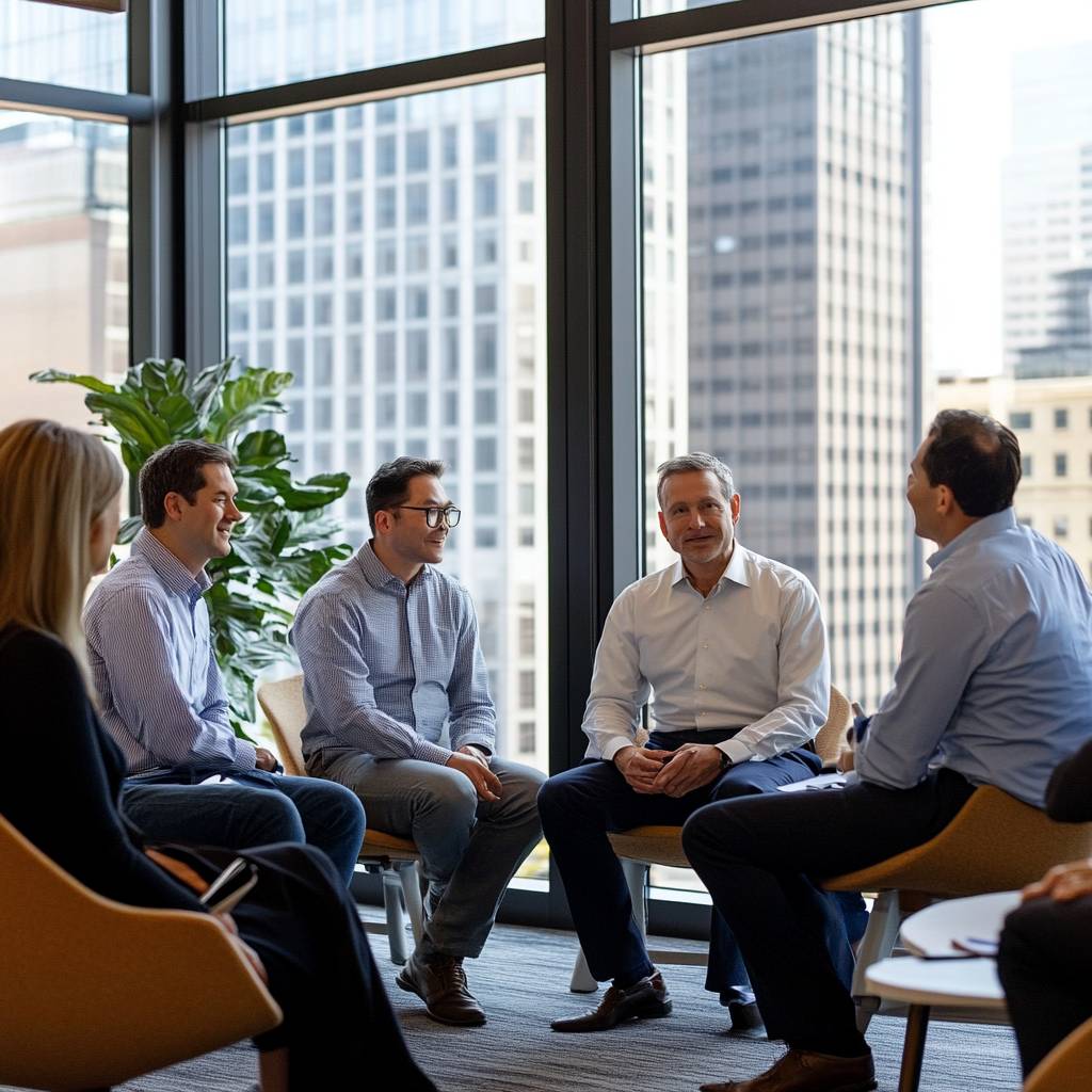 A group of professionals engages in discussion in a modern office setting with large windows showcasing a cityscape in the background.