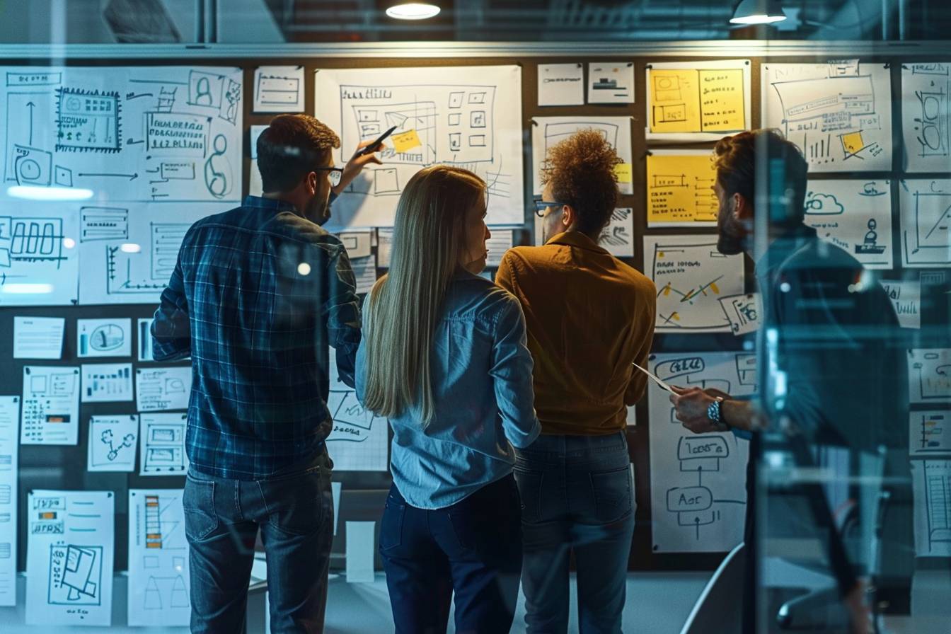 A team of four professionals collaborates in front of a wall covered with sketches and notes, brainstorming ideas in a modern office setting.