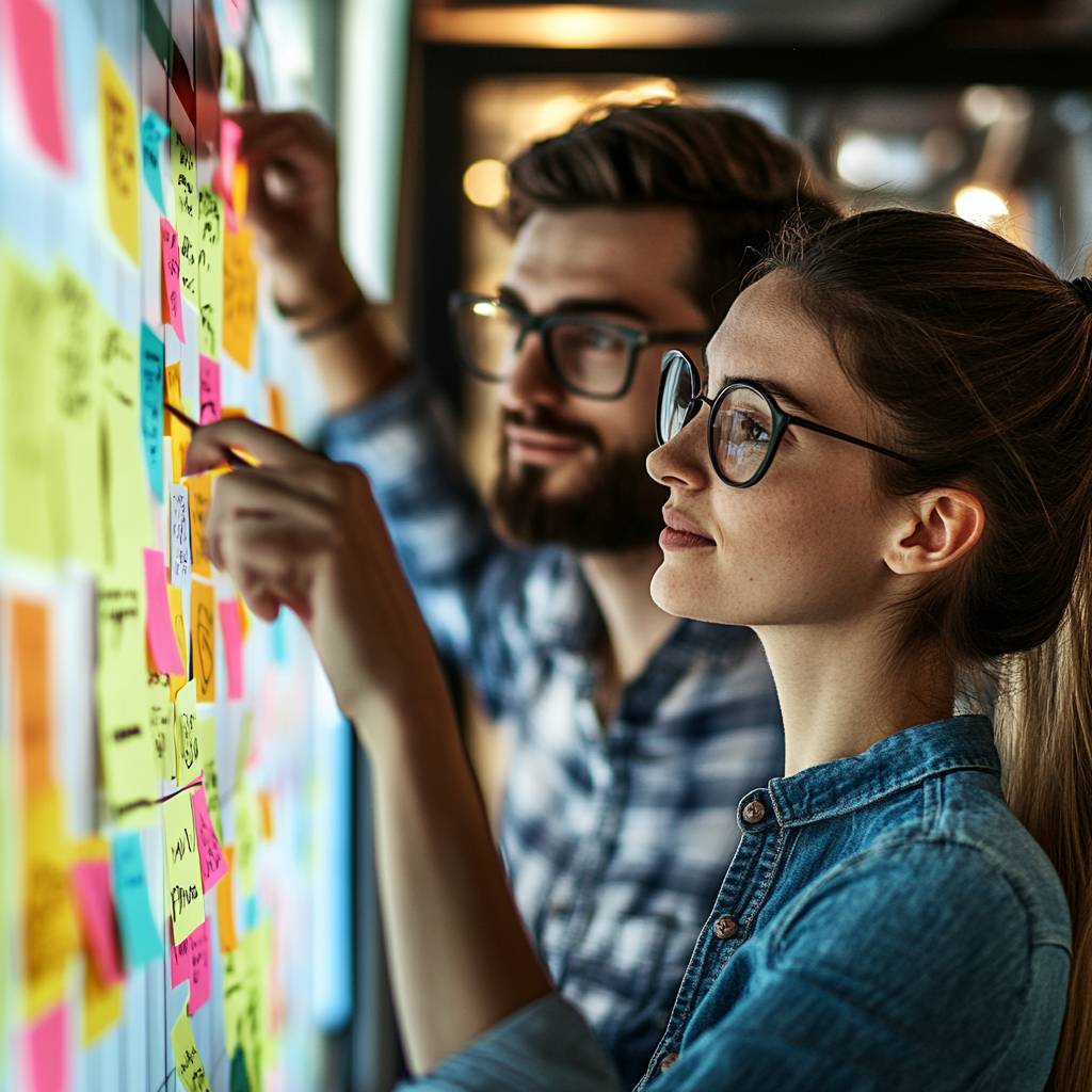 A woman and man, both wearing glasses, collaborate by placing colorful sticky notes on a wall in a bright, modern workspace.