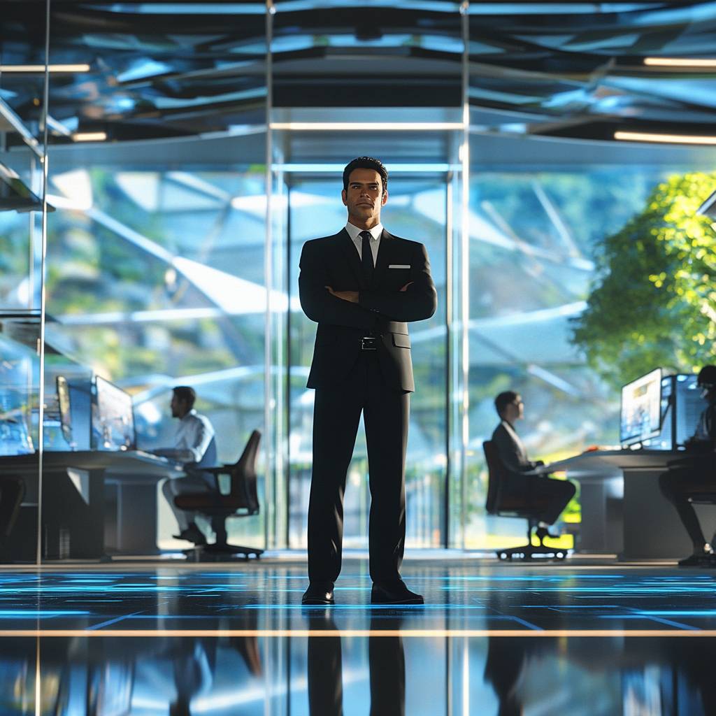 A well-dressed man stands confidently in a modern office environment, surrounded by colleagues at computer workstations and greenery.