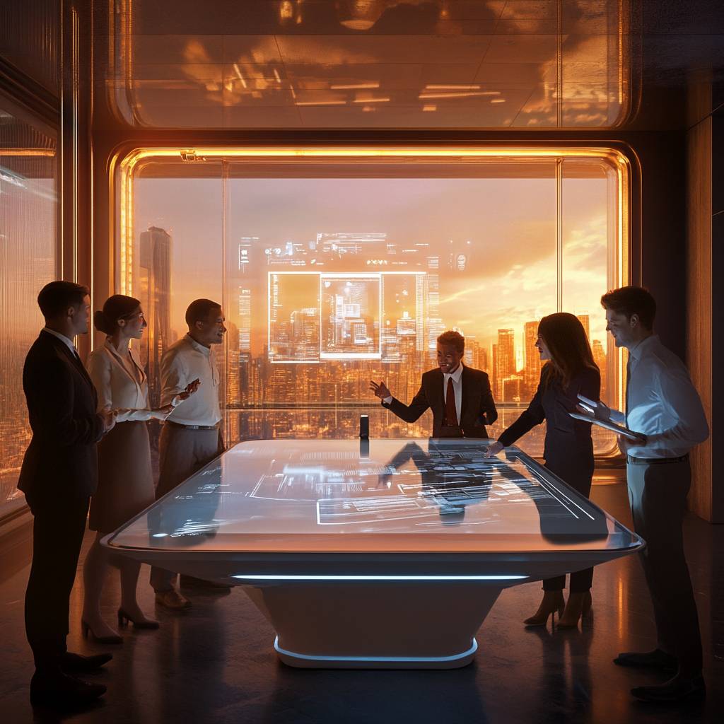 A group of professionals stands around a modern conference table, discussing data visualizations against a city skyline at sunset.
