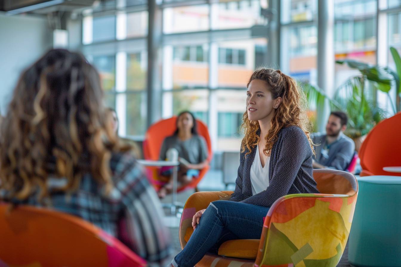 A group discussion taking place in a modern office space, with a woman actively engaged in conversation with others seated around her.
