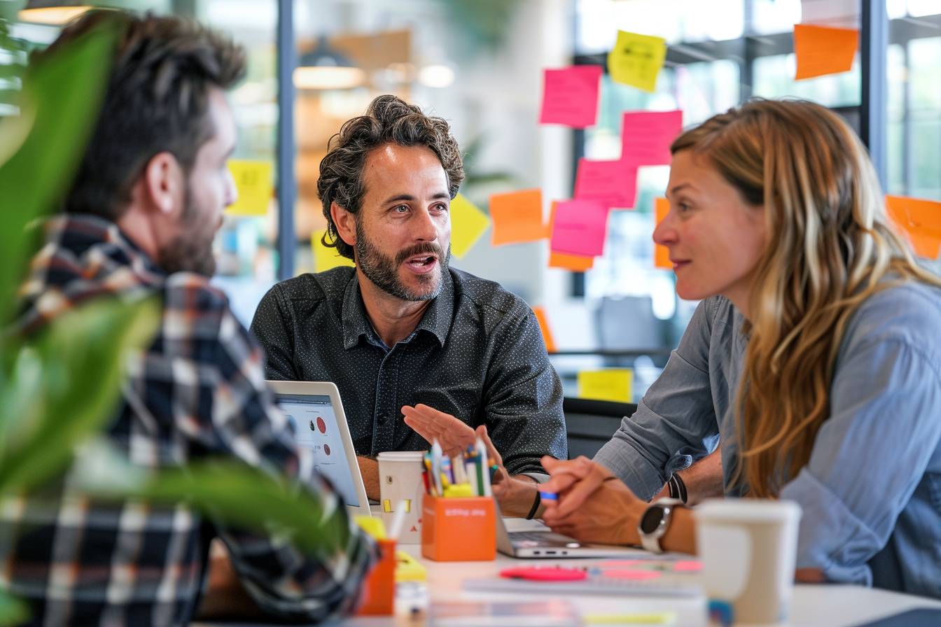 A group of three professionals engages in a dynamic discussion at a table, surrounded by colorful sticky notes and laptops. Collaboration in action.