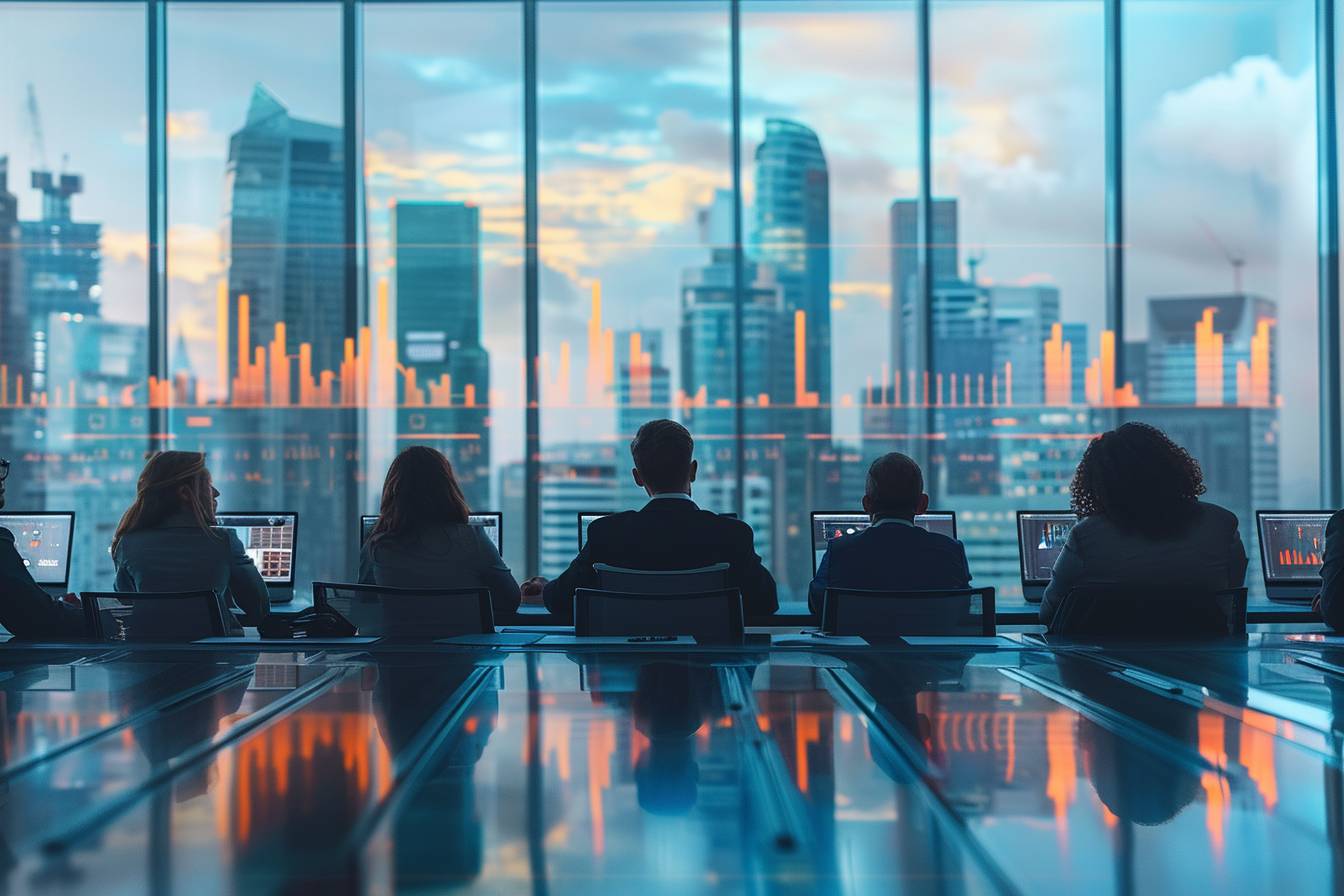 A group of professionals seated in an office meeting room, facing a large window with city skyline views and data visualizations displayed.