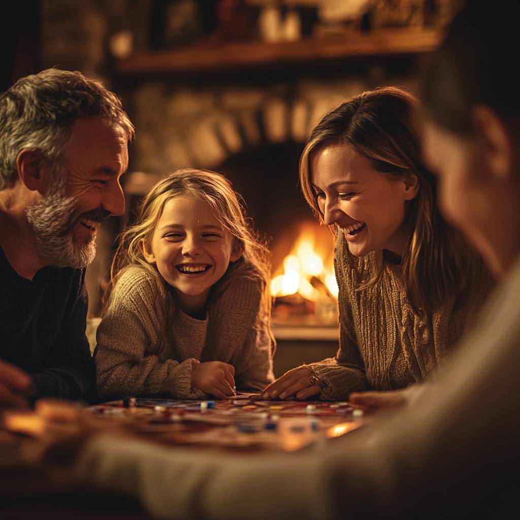 A joyful family gathered around a game board, laughing together by a cozy fireplace, creating warm memories in a comfortable living space.