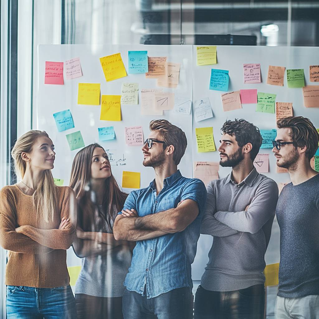 A group of young professionals, standing in front of a wall covered with colorful sticky notes, engaged in a thoughtful discussion.
