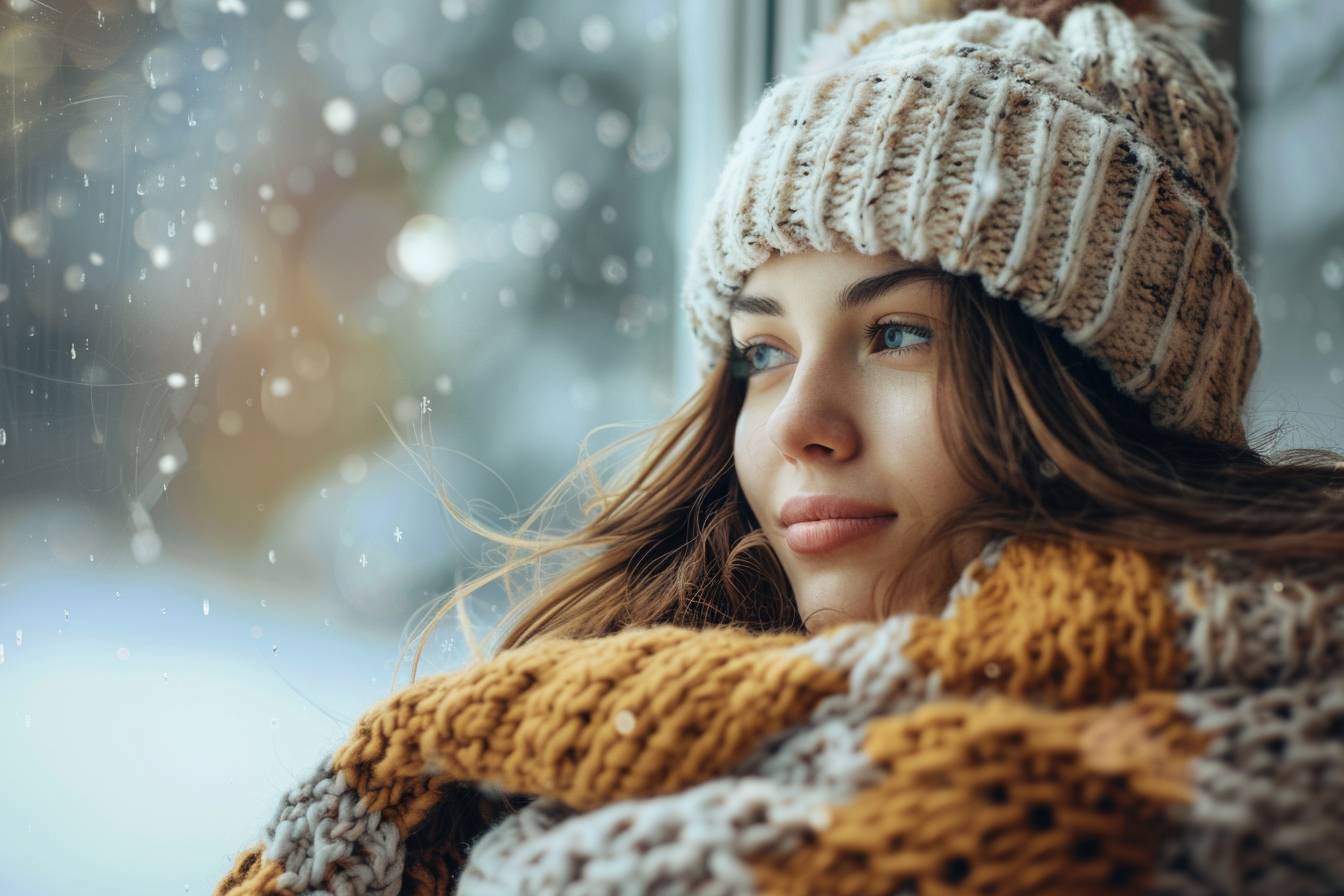 A young woman with long hair gazes thoughtfully out a window, wearing a cozy knit hat and a vibrant scarf, as snow falls gently outside.
