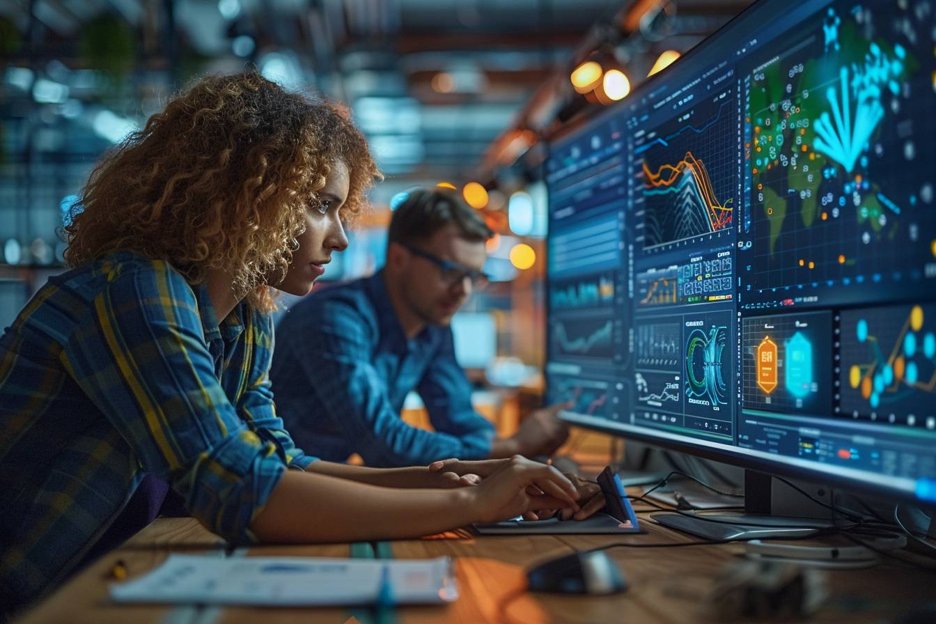 Two individuals focus on data analysis at a desk, using a large monitor displaying colorful graphs and metrics in a modern workspace.