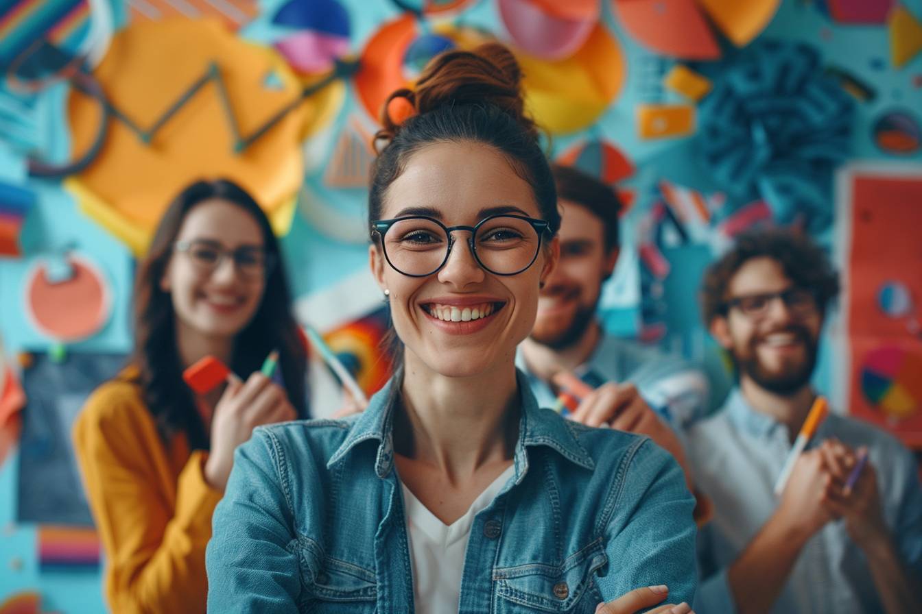 A smiling young woman with glasses stands in front of a colorful background, surrounded by friends holding art supplies, conveying creativity and teamwork.