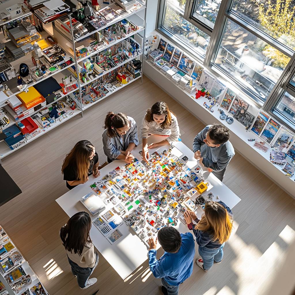 Aerial view of a group of six people collaborating around a large table filled with colorful LEGO bricks and creative building pieces in a bright room.