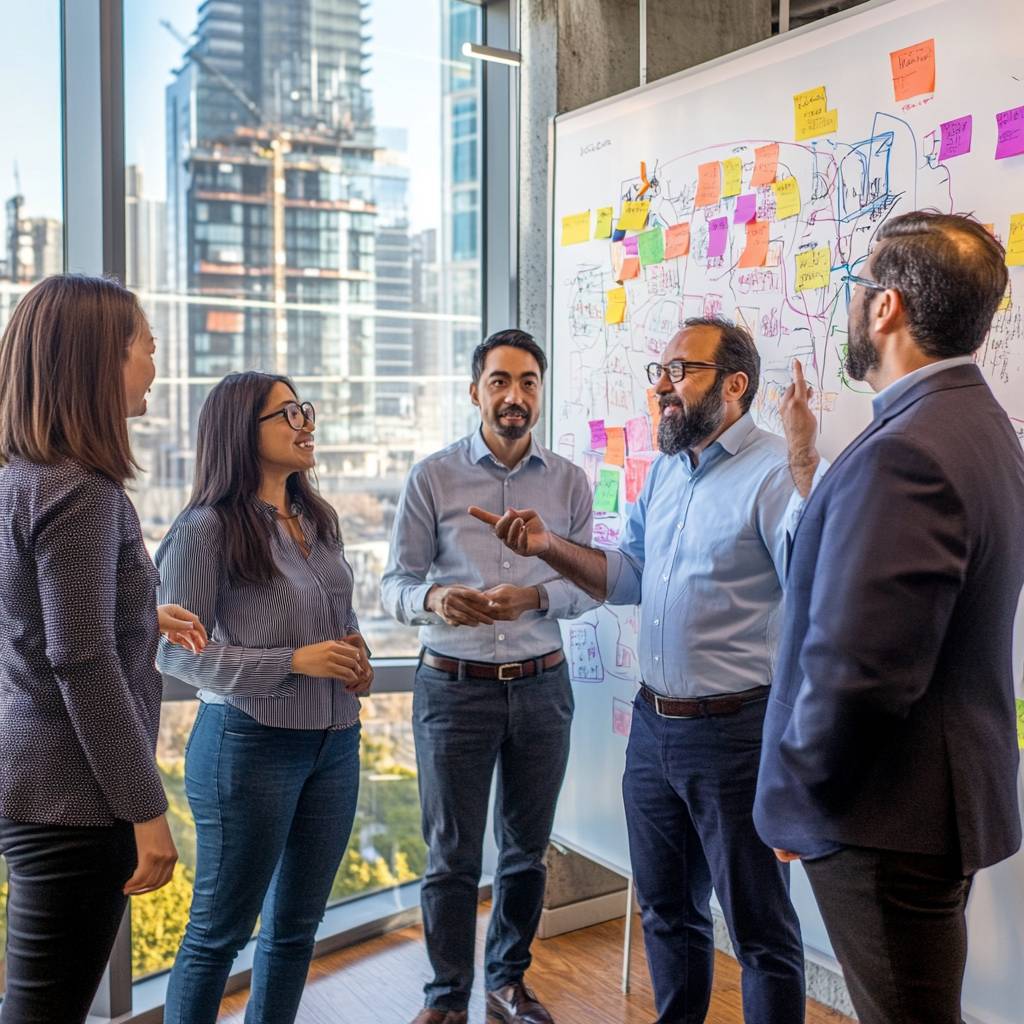 A diverse group of professionals engaged in discussion, brainstorming ideas, and collaborating in a modern office setting with a whiteboard.