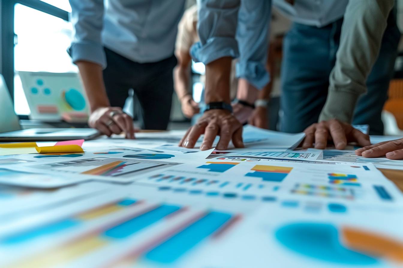 Group of people analyzing colorful charts and graphs on a table, engaged in a collaborative brainstorming session in a modern workspace.