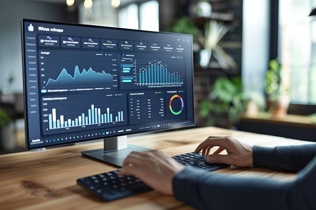 A person using a keyboard while analyzing data on a large computer monitor displaying various graphs and charts in a modern workspace.