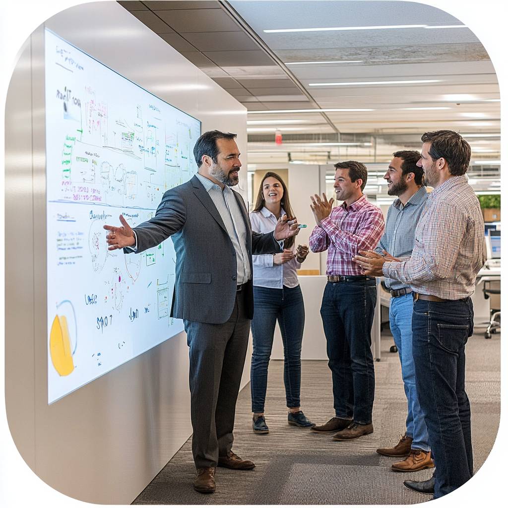 A business meeting in an office setting, featuring a speaker gesturing to a digital whiteboard while colleagues engage and applaud.