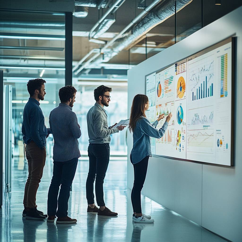 A group of four professionals engages in a collaborative discussion, analyzing data visualizations displayed on a large screen in a modern office.