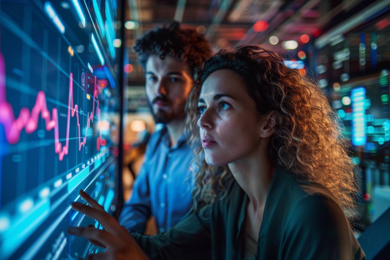 Two professionals focus on a data visualization screen filled with graphs and analytics in a modern, high-tech workspace.