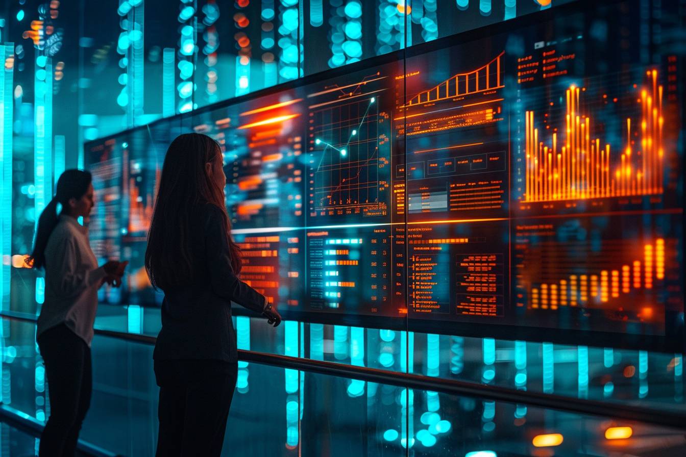 Two individuals observe a large digital display showcasing data graphs and analytics in a vibrant, tech-inspired environment.