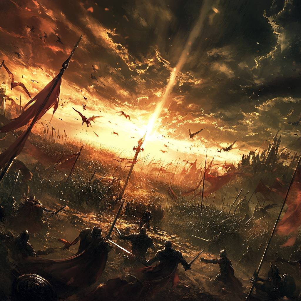 A dramatic fantasy battlefield scene with armored warriors gazing toward a fiery sunset and flying dragons above a distant castle silhouette.