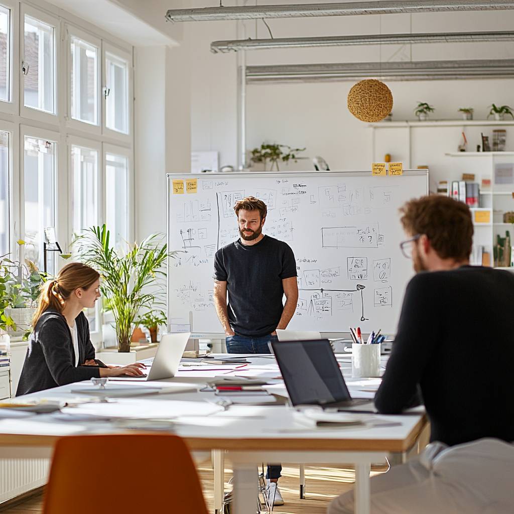 Two colleagues engage in a brainstorming session in a modern office, discussing ideas in front of a whiteboard filled with notes and sketches.