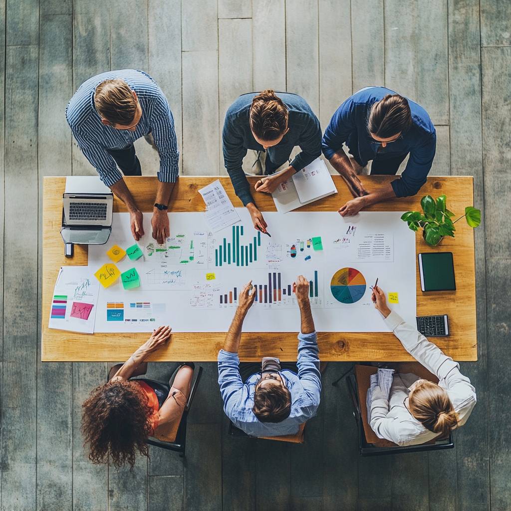 A group of six professionals collaborating at a wooden table, analyzing charts, graphs, and notes, with a laptop and a small plant nearby.