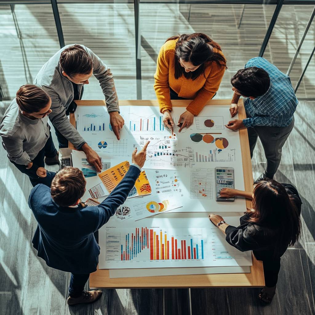 Aerial view of six professionals discussing colorful data charts and graphs on a large table in a bright office environment.