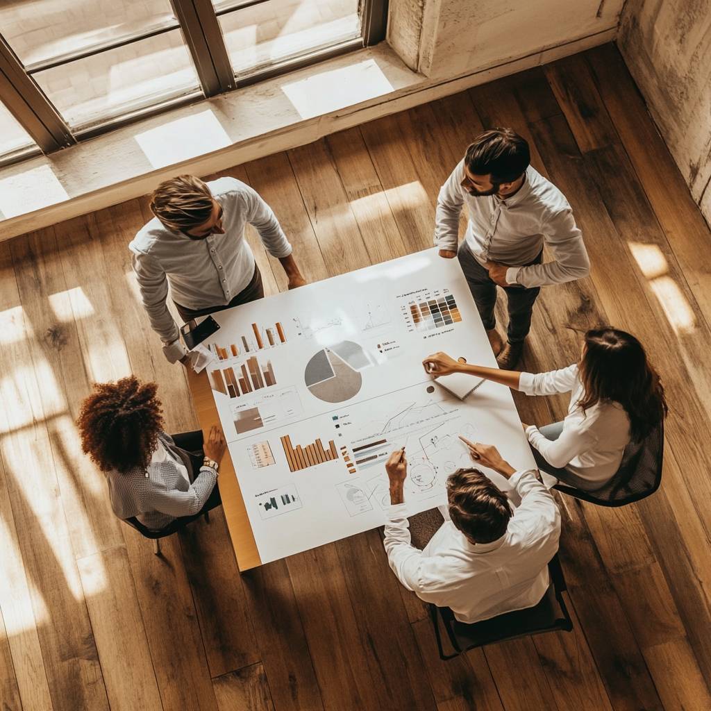 A group of five professionals collaborate around a large table, analyzing various charts and graphs on a presentation sheet in a bright room.