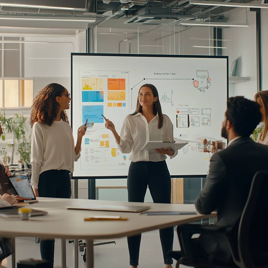 A team meeting in a modern office, with two women presenting data on a screen while colleagues listen attentively at a table.